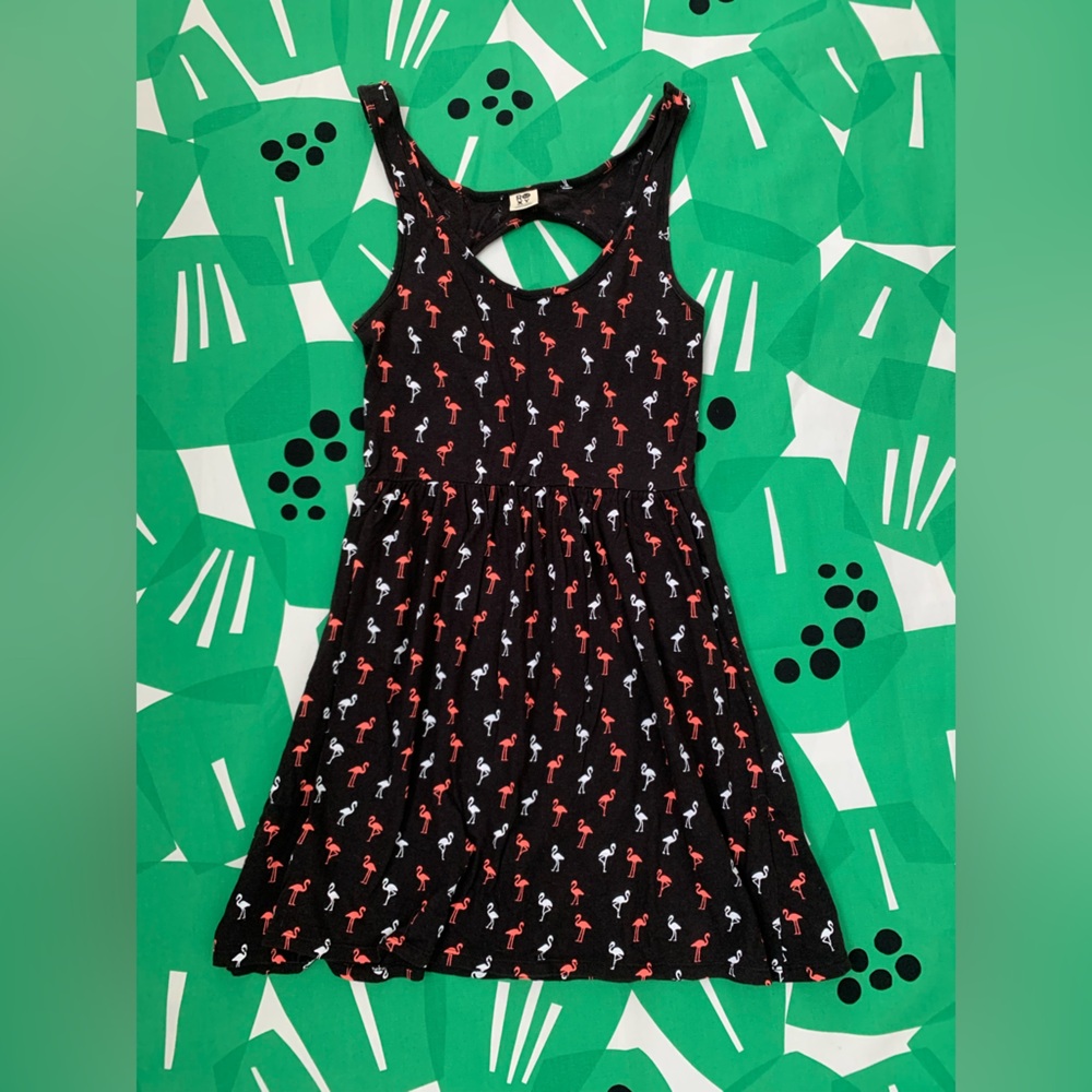 Roxy Pink and White Flamingo Black Skater Flowy Mini Dress with Back Cutout